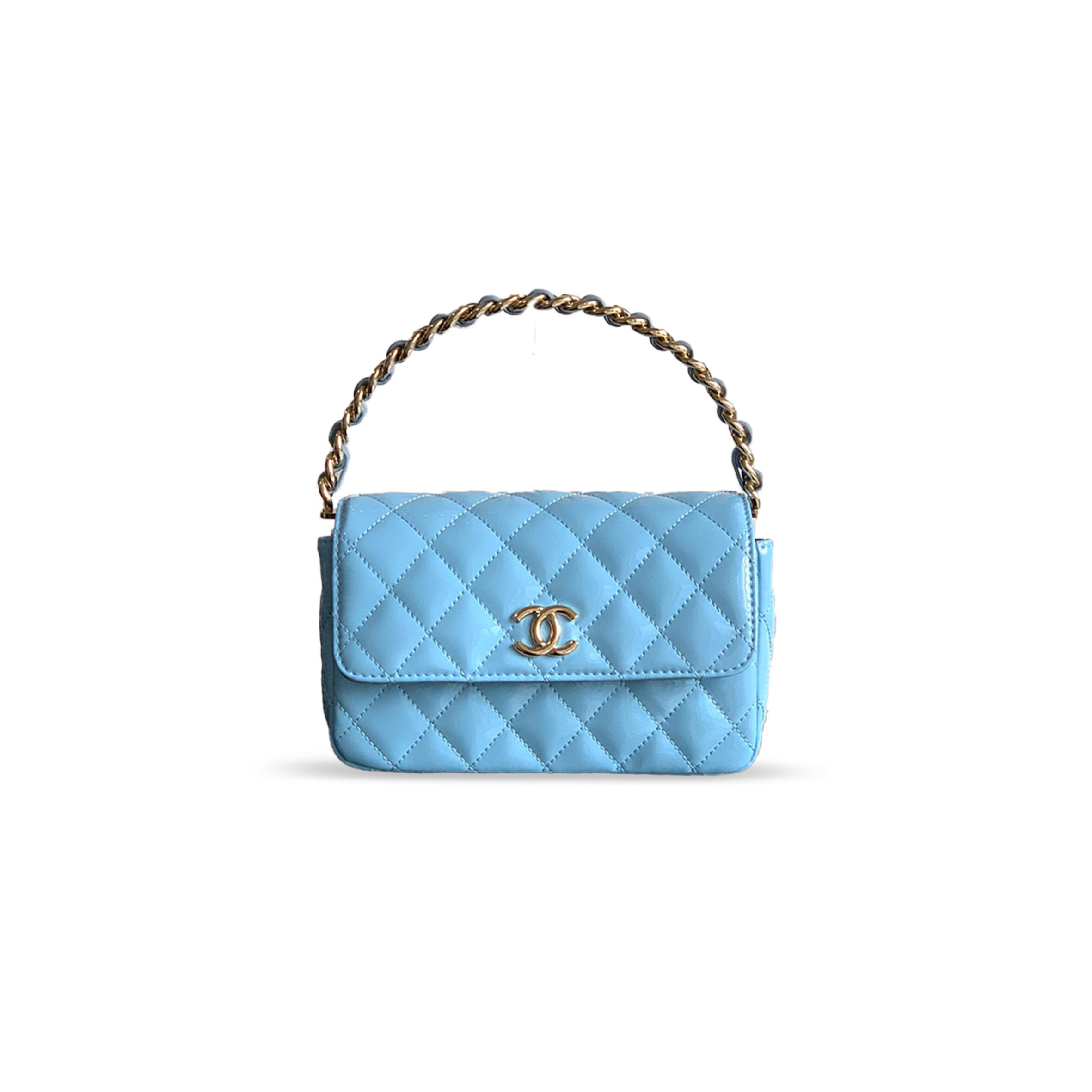 CHANEL MASTER HANDLE FLAP BAG PATENT CALFSKIN & GOLD METAL AQUA BLUE 496585 (18.5*10.5*8cm)